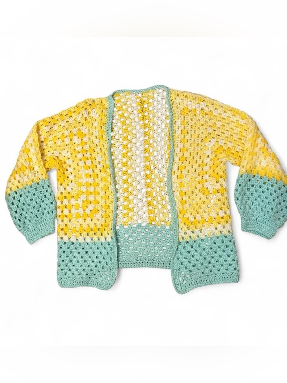 Crochet Cottage Yellow Blue Cardigan Women XL Grannycore Festival Handmade Artsy